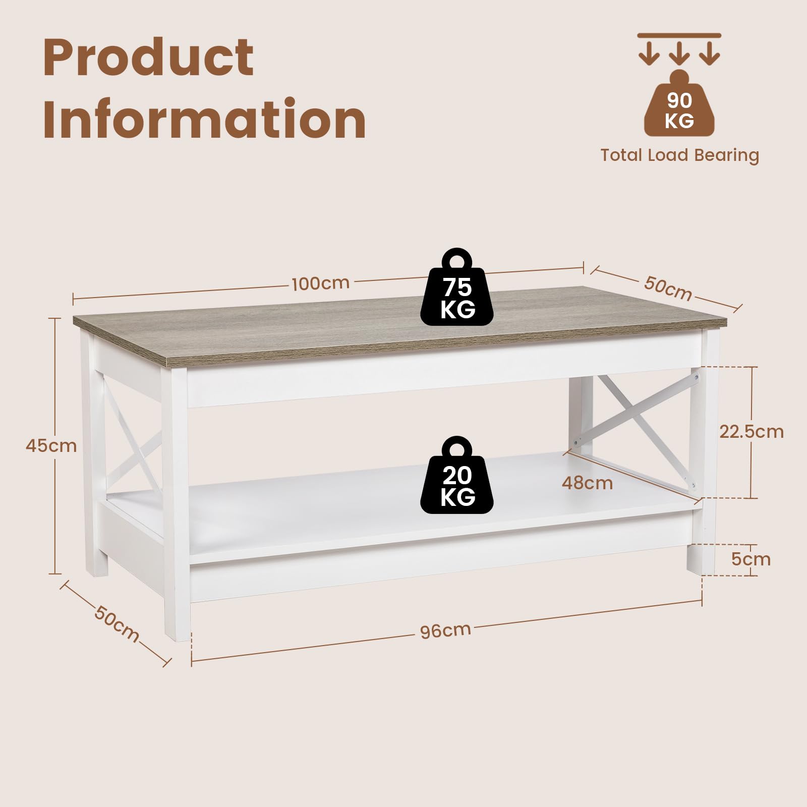 buybyroom Mesa de salón, mesa de salón, mesa de café de 2 pisos, estilo rústico, con espacio de almacenamiento, para dormitorio, salón, entrada, mesa de café, color blanco