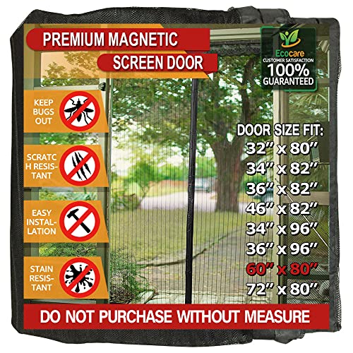 TheFitLife Magnetic Screen Door - Heavy Duty Mesh Curtain with Full Frame Hook and Loop Powerful Magnets That Snap Shut Automatically (62''x81'' - Fits Doors up to 60''x80'', Black)