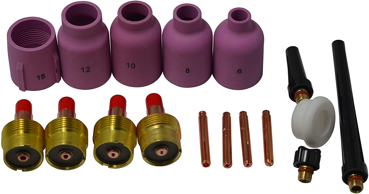 Riverweld Tig Gas Lens Collet Bodies 45V 13N Alumina Nozzles Ceramic Cups 57N 53N Insulator Gasket 54N63-20 Jumbo Large Diameter Series Assorted For Sr Wp 9 20 25 Tig Welding Torch 17Pcs