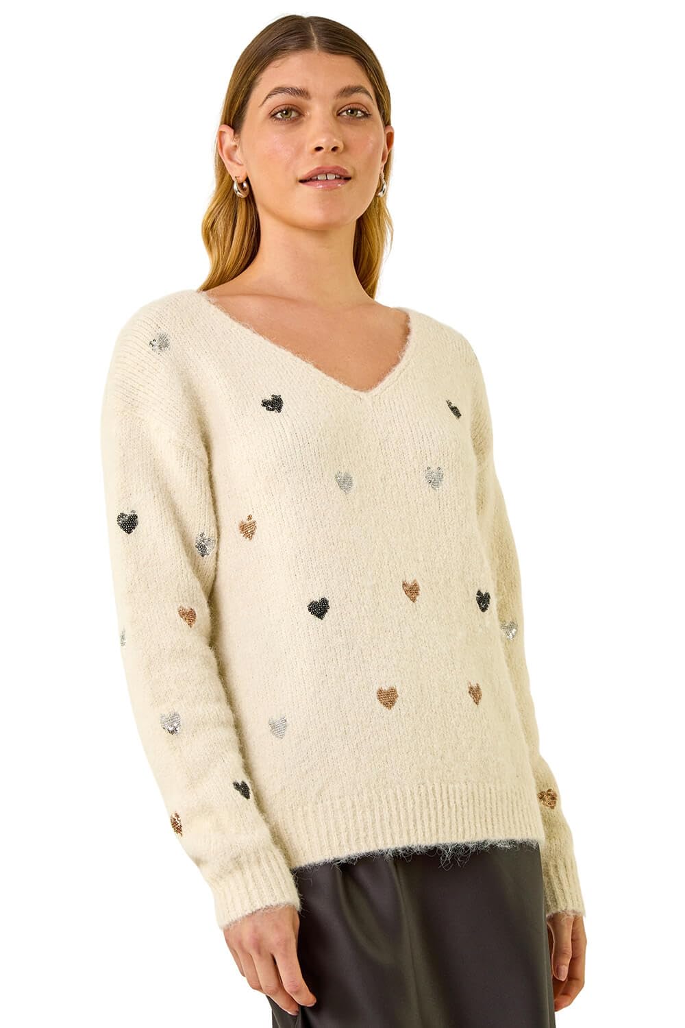 Roman Originals Women's Ivory Sequin Heart Fluffy Knit Jumper For Uk - Everyday Autumn Winter V-Neckline Comfy Soft Evening Vacation Work Party Night Out - Size One