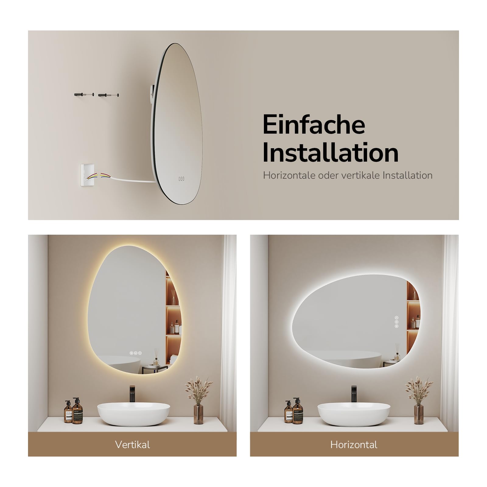 EMKE Spiegel mit Beleuchtung Asymmetrischer LED Badspiegel 75 x 55 cm Touch-Schalter, 3 Lichtfarben Dimmbar, Beschlagfrei Badezimmerspiegel mit Beleuchtung IP44 Energiesparend