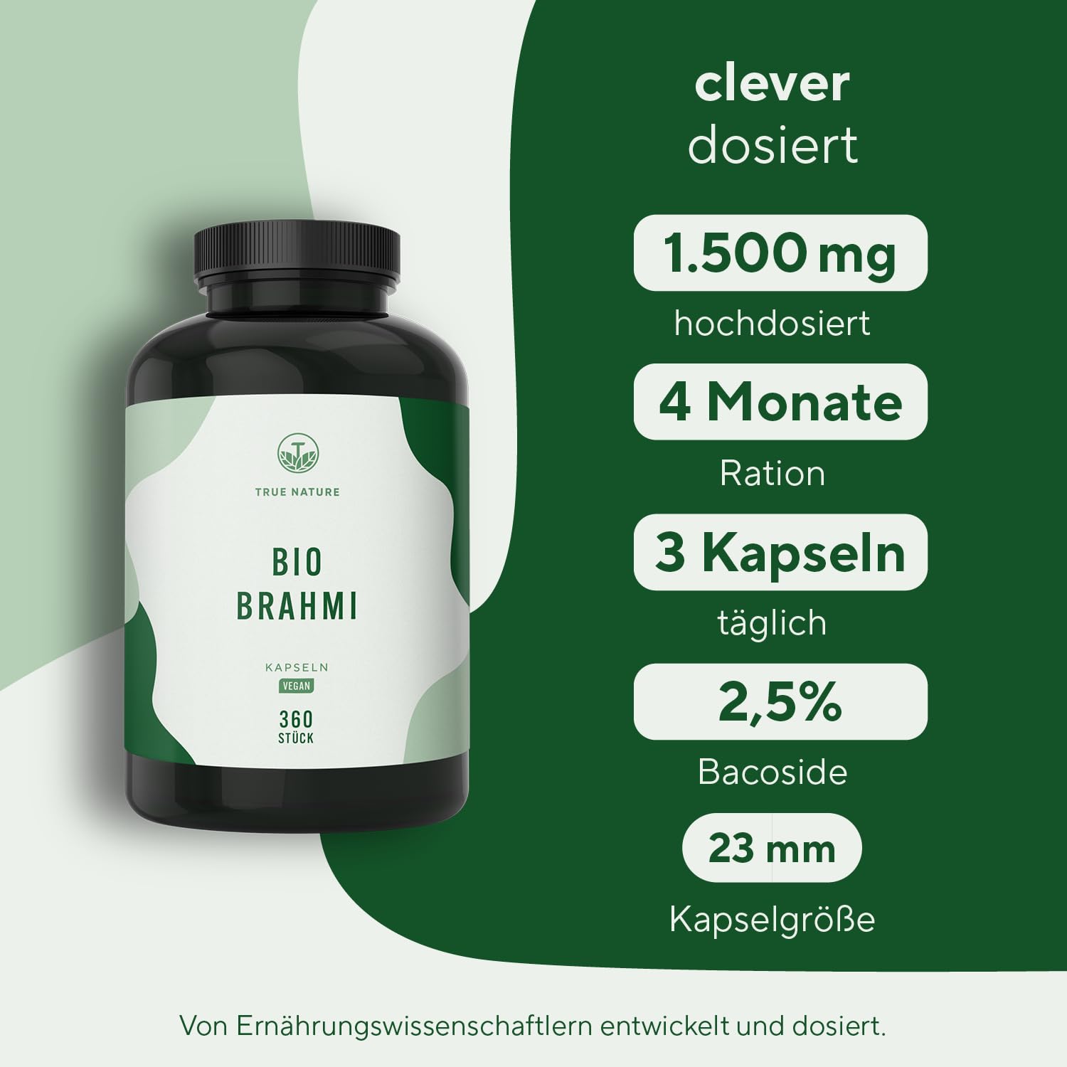 Bacopa Monnieri Brahmi - Hochdosiert: 1.500mg mit 2,5% Bacoside - Big Pack: 360 Kapseln - Brahmi Kapseln Bio, Kleines Fettblatt - Ayurveda, vegan - Ohne Zusätze - TRUE NATURE