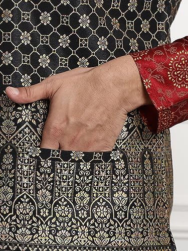 Image of SOJANYA (Since 1958 Men's Cotton Linen Maroon Kurta and White Pyjama with Mustard Cotton Nehru Jacket