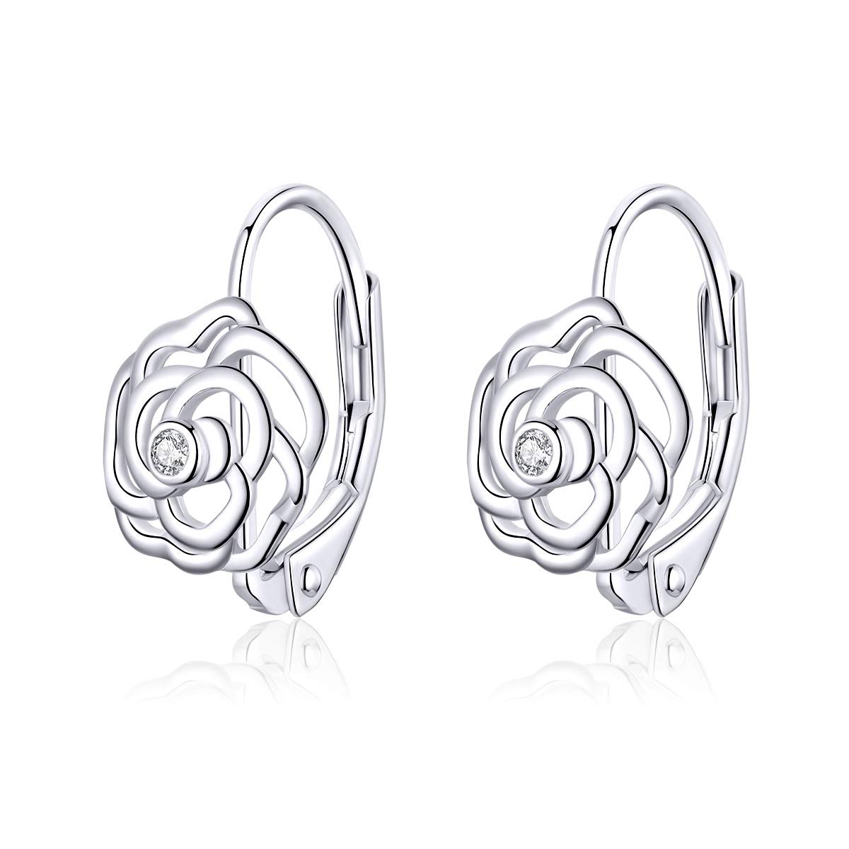 Fashion Rose Flower Sterling Silver CZ Filigree Small Hoop Earrings for Women Minimalist Sleeper Cartilage Tiny Leverback Studs Huggie Hinged Hoops