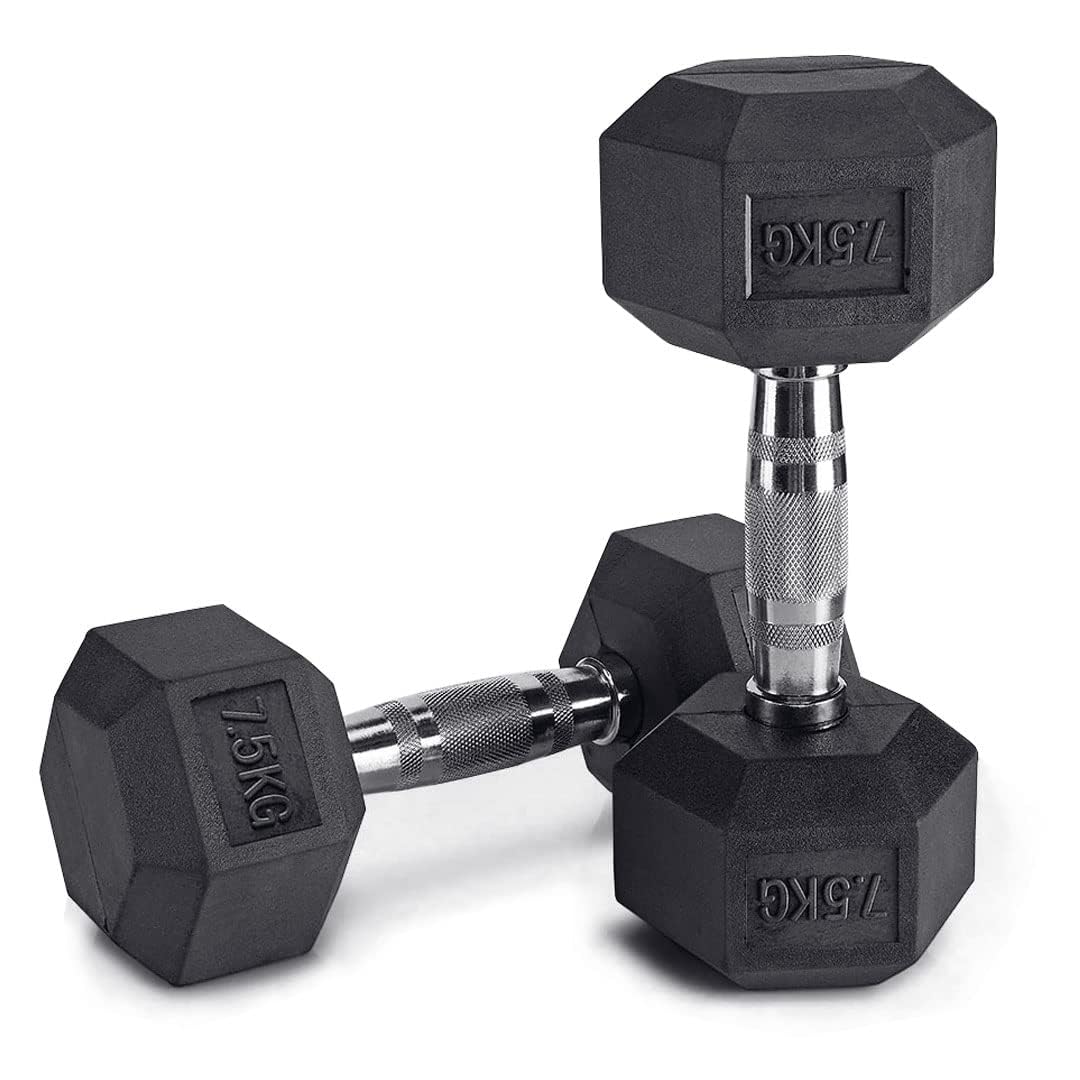 Hex Dumbbell Weights Set - Rubber Encased Cast Iron Dumbbells Weight Pair with Metal Handle, Full Body Workout Strength Training Home Gym 7.5 10 12.5 15kg