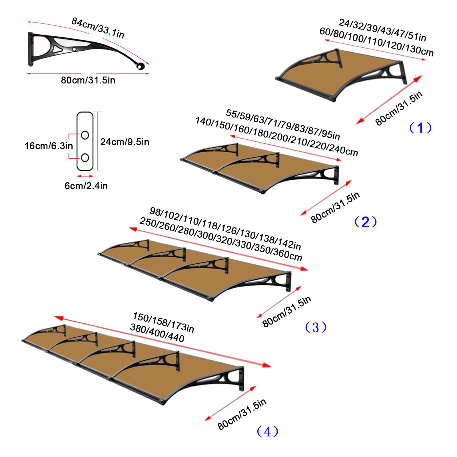 Auvent moderne pour porte d'entrée et fenêtre de terrasse – Extérieur pour portes et dimensions 80 x 350 cm – Protection contre la pluie et le soleil