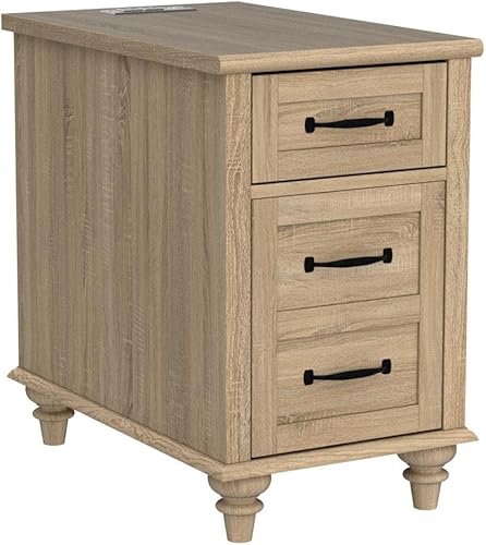 Miniatura 6 de WAMPAT Paquete de 2 mesas auxiliares con estación de carga, mesa auxiliar de madera con cajón y armario de almacenamiento, mesa auxiliar moderna con