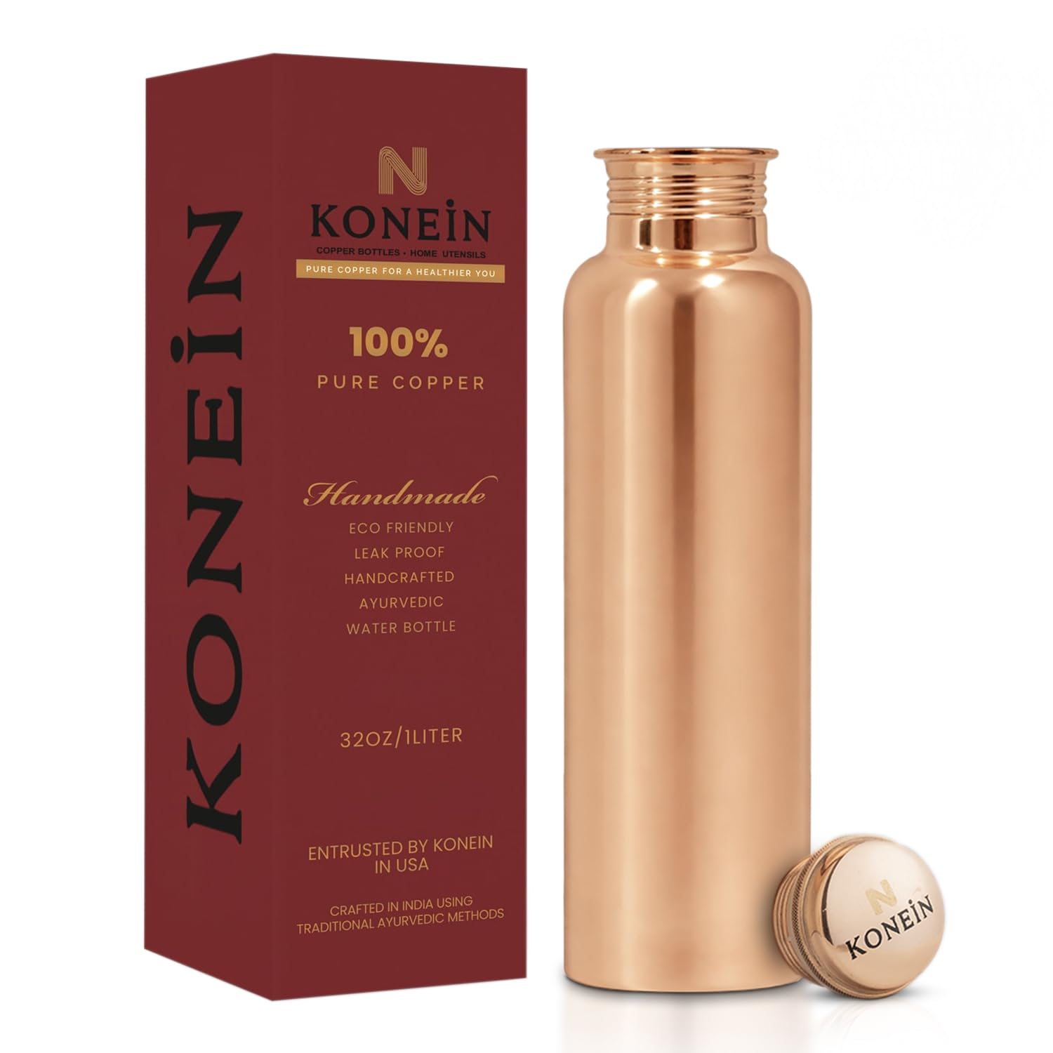 KONEIN 100% Copper Water Bottle, Plain Classic Finish Design, (34 Oz/1000ml), Ayurvedic Copper Bottle for Drinking water with Nature Health Benefits, Leak-Proof, Durable & Eco-friendly
