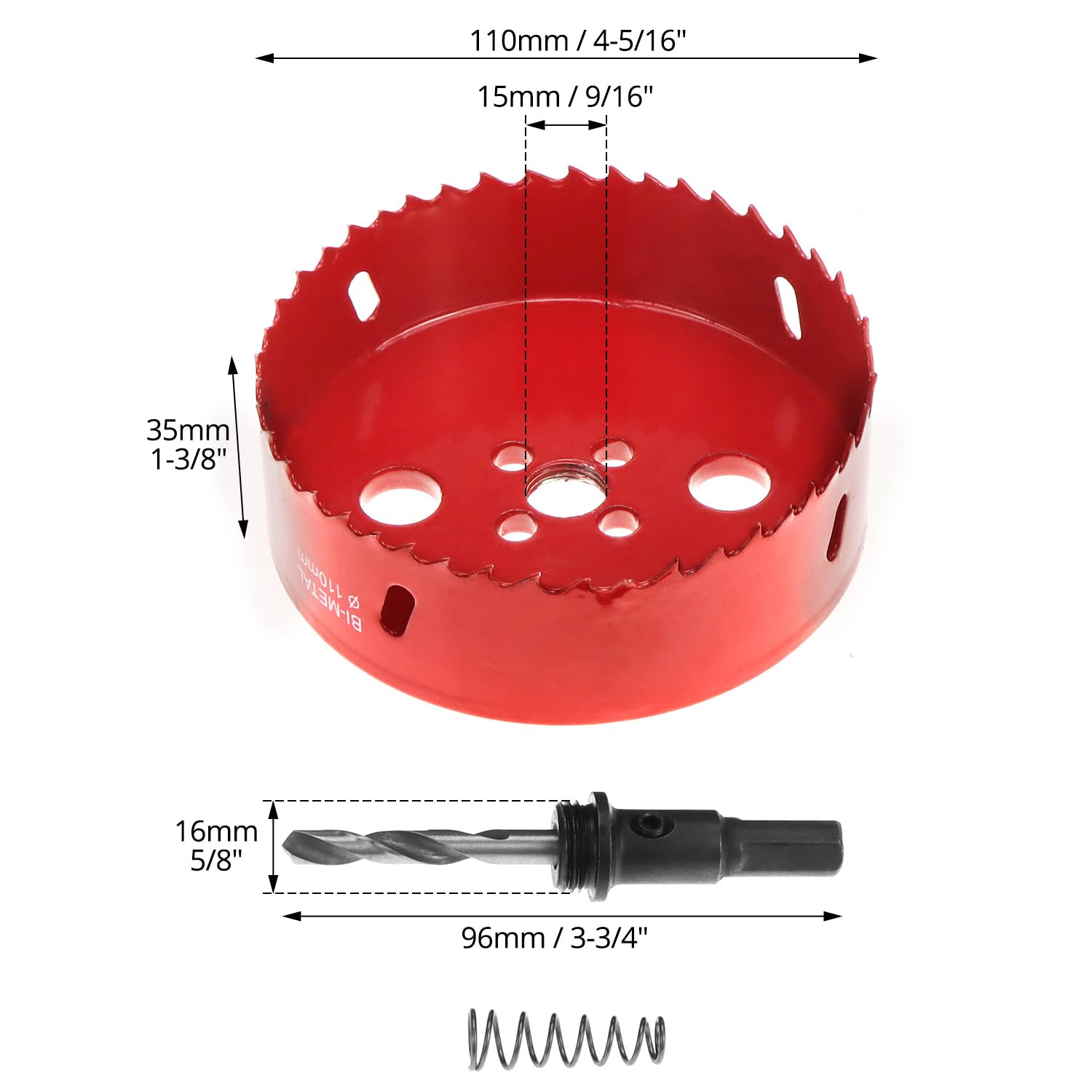 QWORK® Sega a tazza 110mm, M42 Sega a tazza bimetallica, con adattatore esagonale e punta di centraggio, per alluminio, ferro e legno, rosso