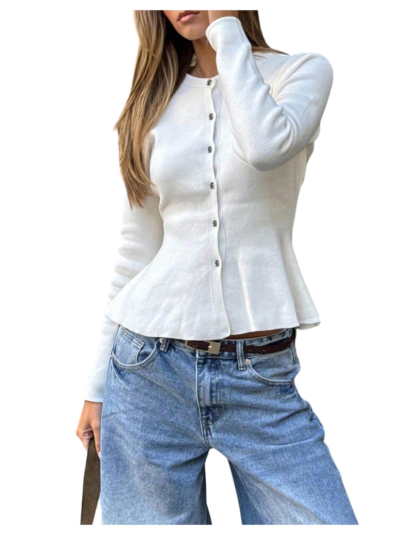 GORGLITTER Womens Button Up Cardigan Babydoll Peplum Ruffled Crewneck Long Sleeve Fall Trendy 2025 Knit Sweater
