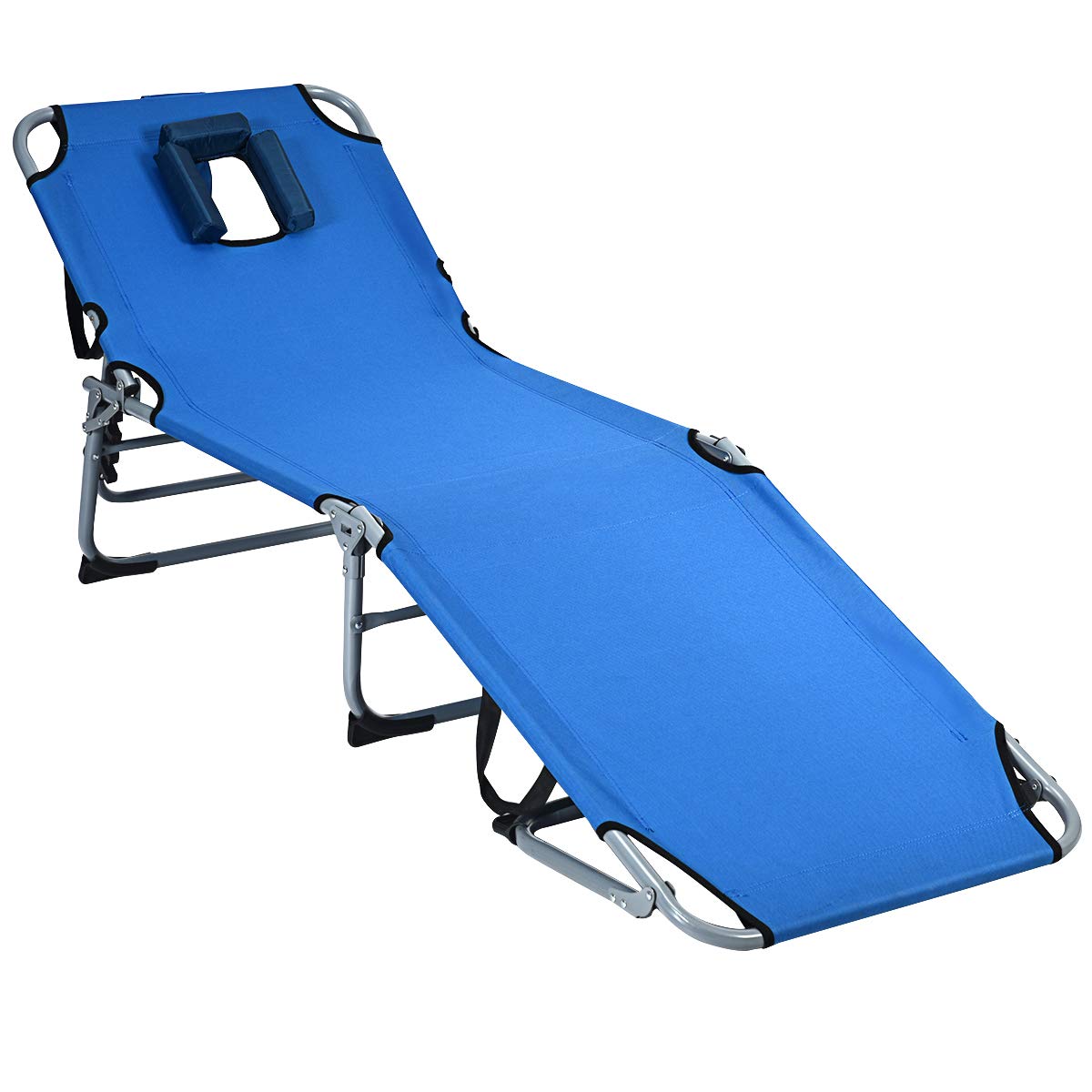 KOMFOTTEU Leżak do opalania, składany leżak z regulowanym oparciem, otwór na twarz i poduszkę, leżak plażowy do ogrodu, na plażę, basen, 194 cm x 60 cm x 36 cm (niebieski)