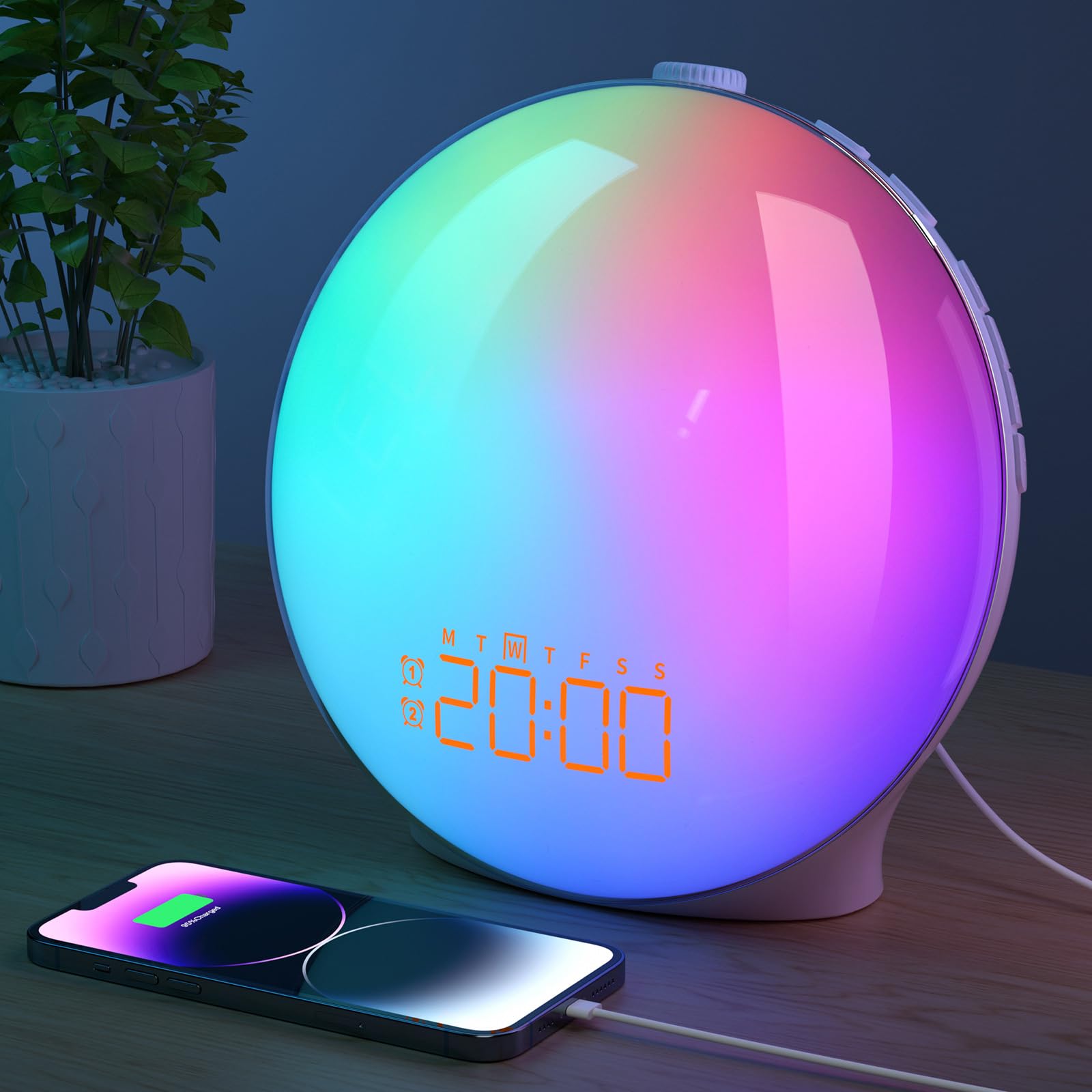 Despertador de Luz, Despertador de Amanecer, Wake Up Light Simulación de Atardecer y Amanecer con 7 Sonidos Naturaleza, 2 Alarmas Función Snooze, 18 Luces Colores 20 Brillo, Radio FM