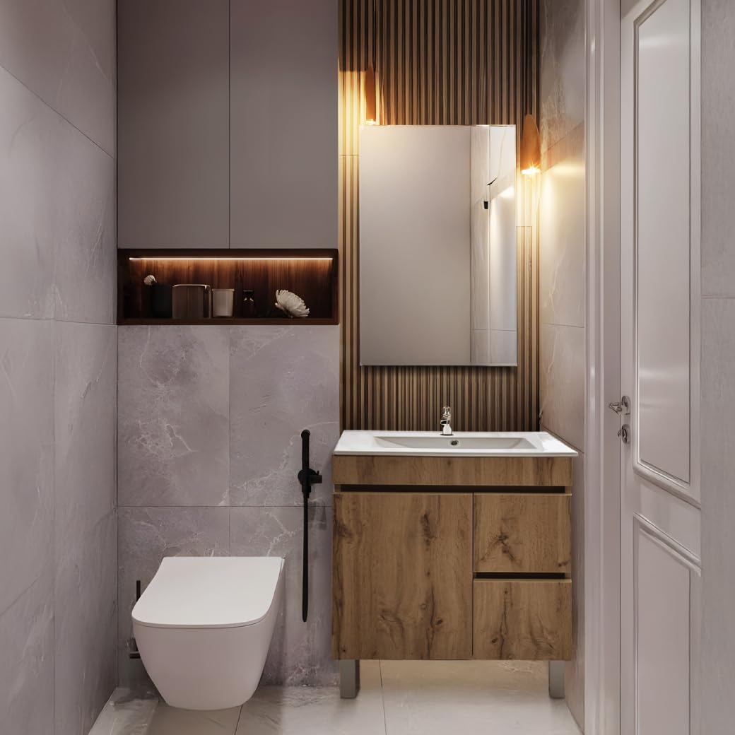 Juego Mueble Baño con Lavabo. Mueble Lavabo 60 cm. Mueble Bajo Lavabo Compacto Preinstalado de Fábrica. Mueble Baño con Lavabo 60 cm con Pie de Porcelana. No Incluye Espejo.