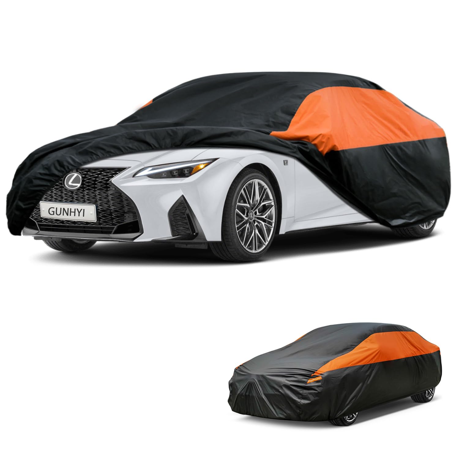 GUNHYI Waterproof Full Car Cover for Lexus IS250 IS300 IS350 | All‑weather Outdoor sun/rain/dust/snow/wind/UV protection, breathable lightweight fabric, black‑orange design,storage bag