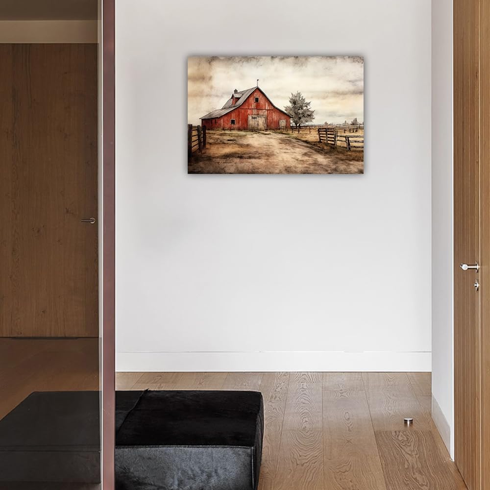 LURENCZH Barn Canvas Wall Art Old Red Farmhouse Picture Prints Countryside Scenery Paintings for Living Room Bedroom Decor Framed(Farmhouse-1,12.00" x 18.00")
