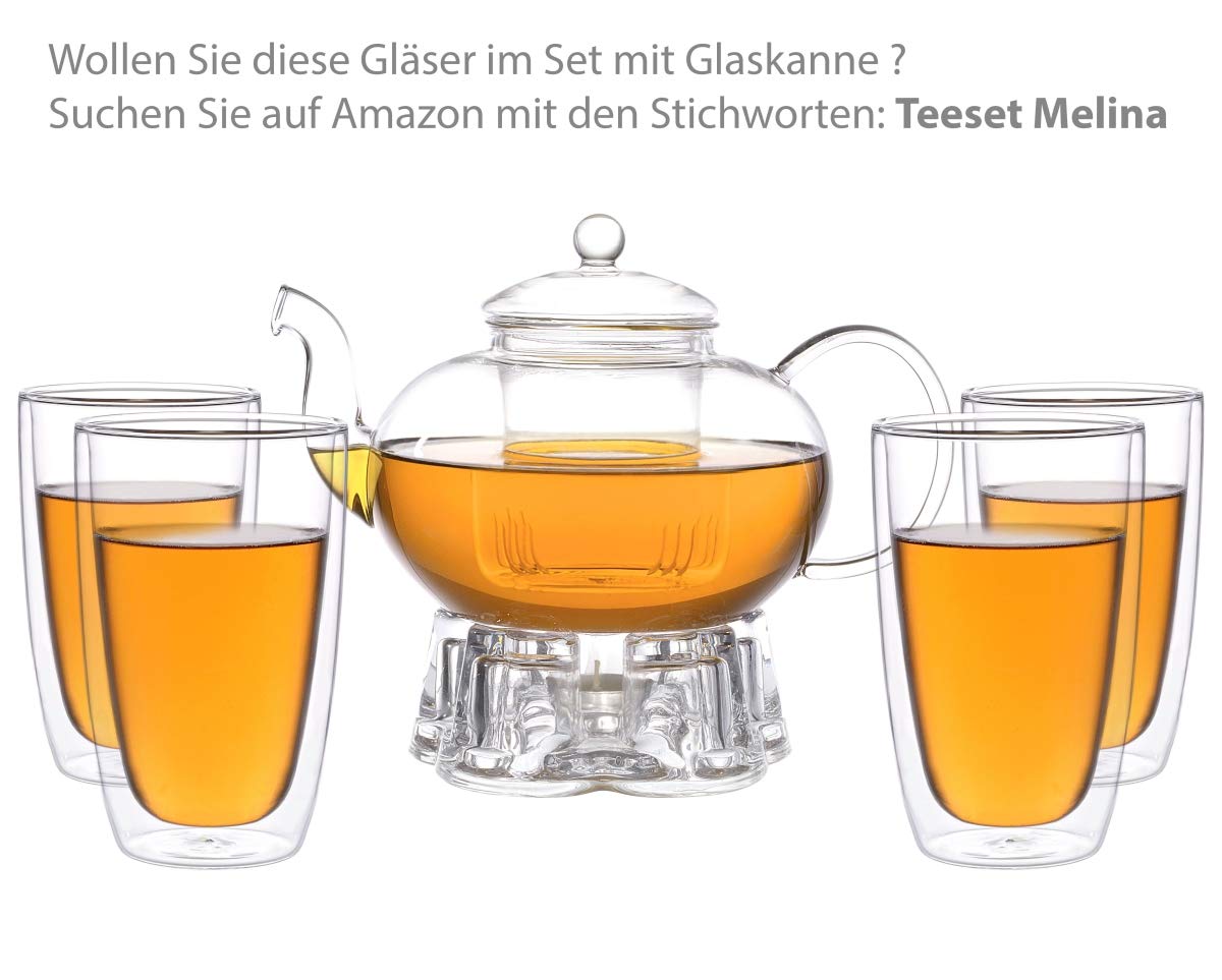 doppelwandige Teegläser Melina. 6 Stück Trinkbecher mit je 360ml Füllvolumen (volle Kapazität)