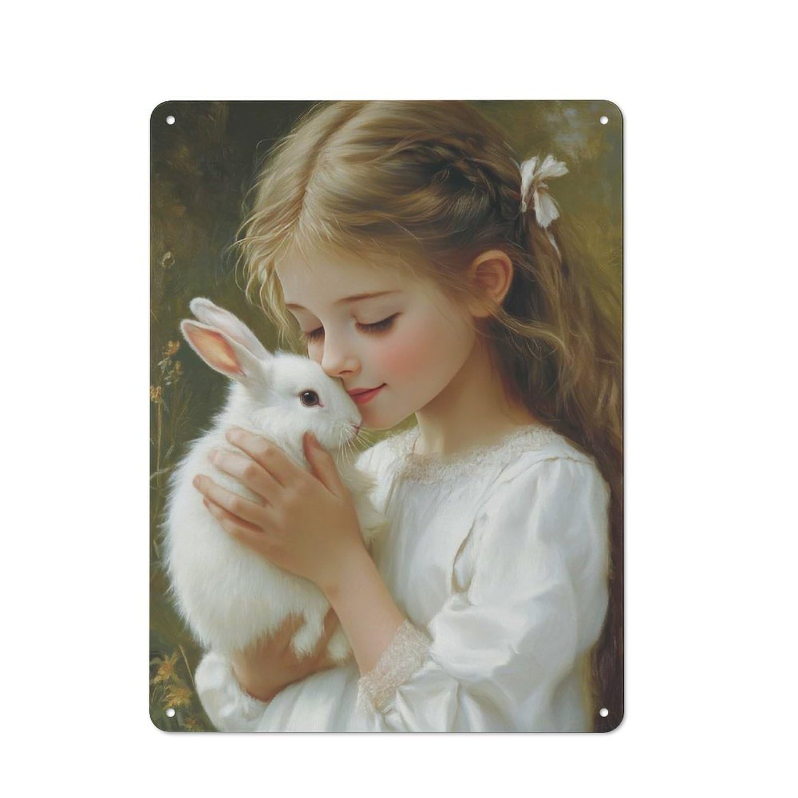 Junmoney Girls And Rabbit Metal Wall Plaque With Design 40X30cm, Retro Novelty Wall Art For Bedroom, Kitchen, Office Or Living Room