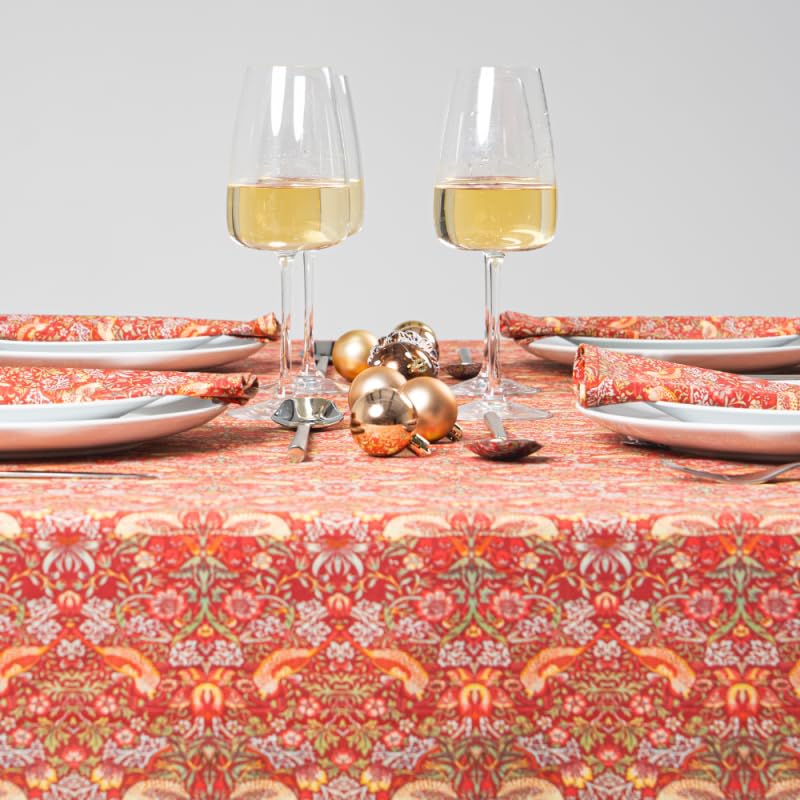 William Morris Strawberry Thief Tablecloth, Crimson Red, 100% Cotton Lightweight Fabric, Round 120 CM