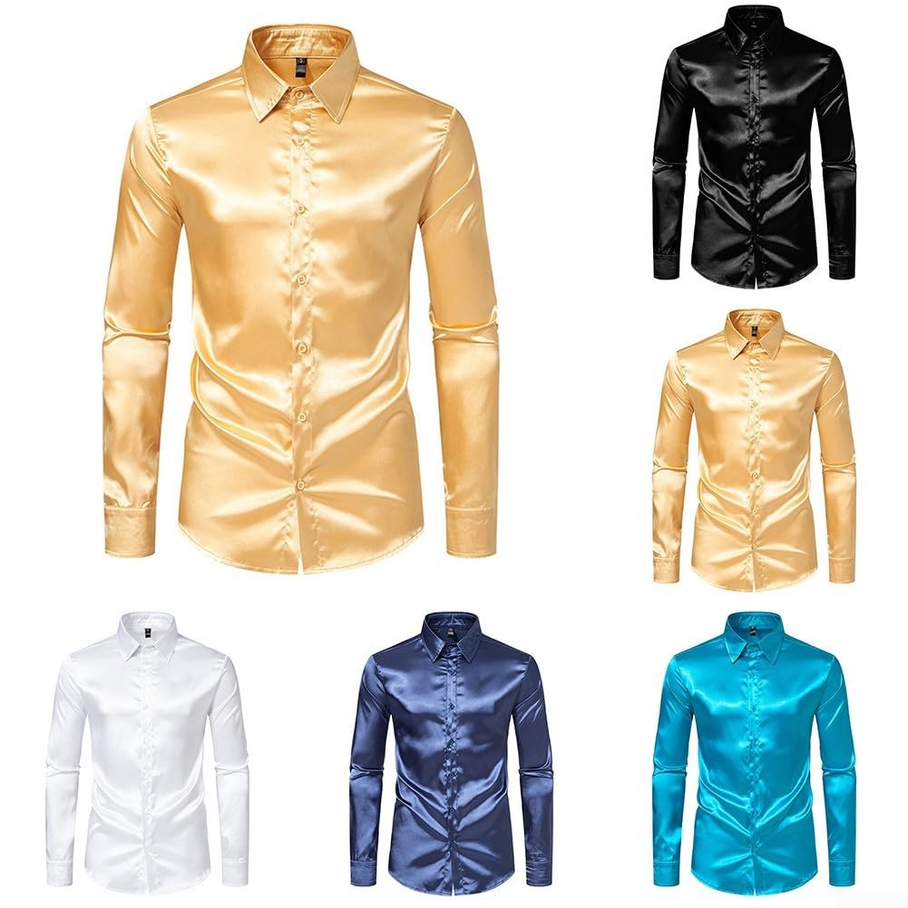 QOXEZY Camicia da uomo in raso di seta casual slim fit abbottonatura giù partito manica lunga