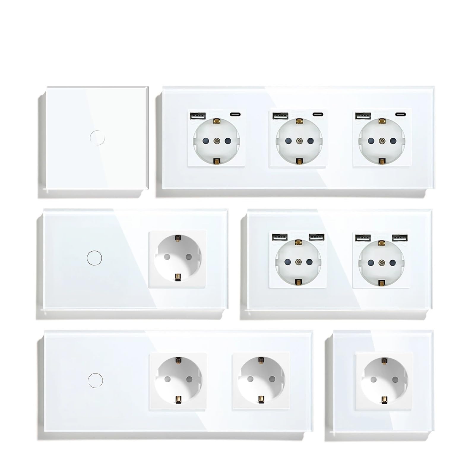 Interrupteur tactile, prise murale Standard ue, avec panneau en verre cristal USB type-c, prises d'alimentation de couleur blanche, interrupteur 1/2/3 gangs(Four Socket)