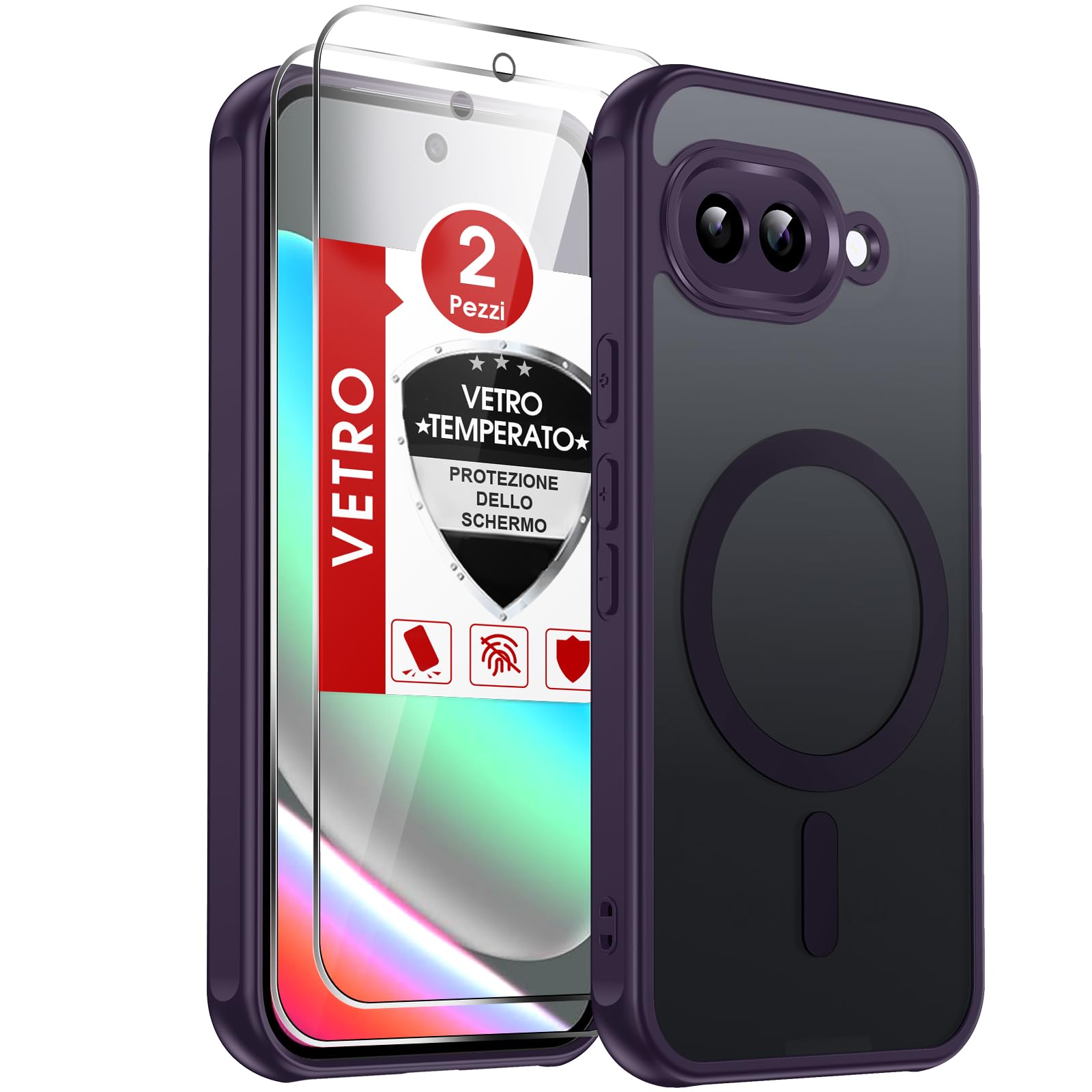 LeYi Cover Magnetica per Google Pixel 9A con 2 Pezzi Vetro Temperato(Viola) | Custodia per Pixel 9a Traslucida Opaca Anti-Impronte Resistente ai Graffi Paraurti in TPU Antiurto Protettiva Case