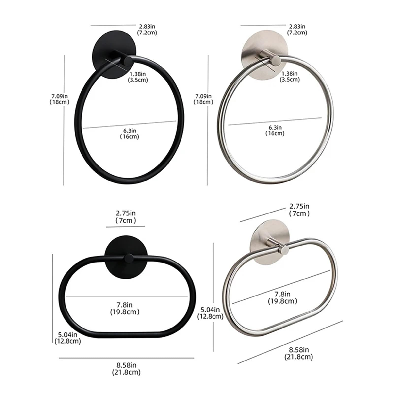 Toallero de acero inoxidable, 4 unidades, soporte para toallas de mano, adhesivo sin agujeros, toallero redondo montado en la pared (negro ovalado)