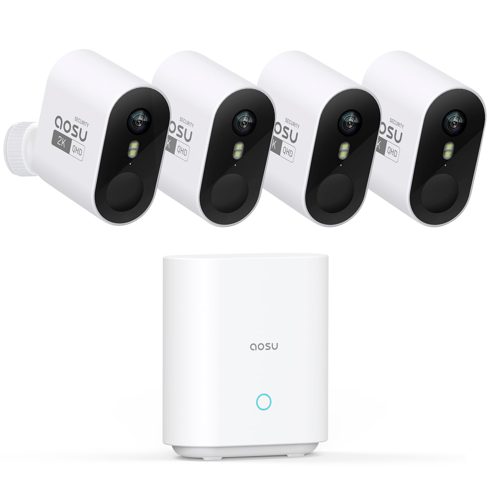 aosu 2K Wireless Indoor Outdoor WiFi Surveillance Camera, 4 Cameras Kit with aosuBase, No Subscription, Ultra Wide Angle, Up to 240 Days Battery Life, Al Detection Alert, Inter-Camera Tracking - 1