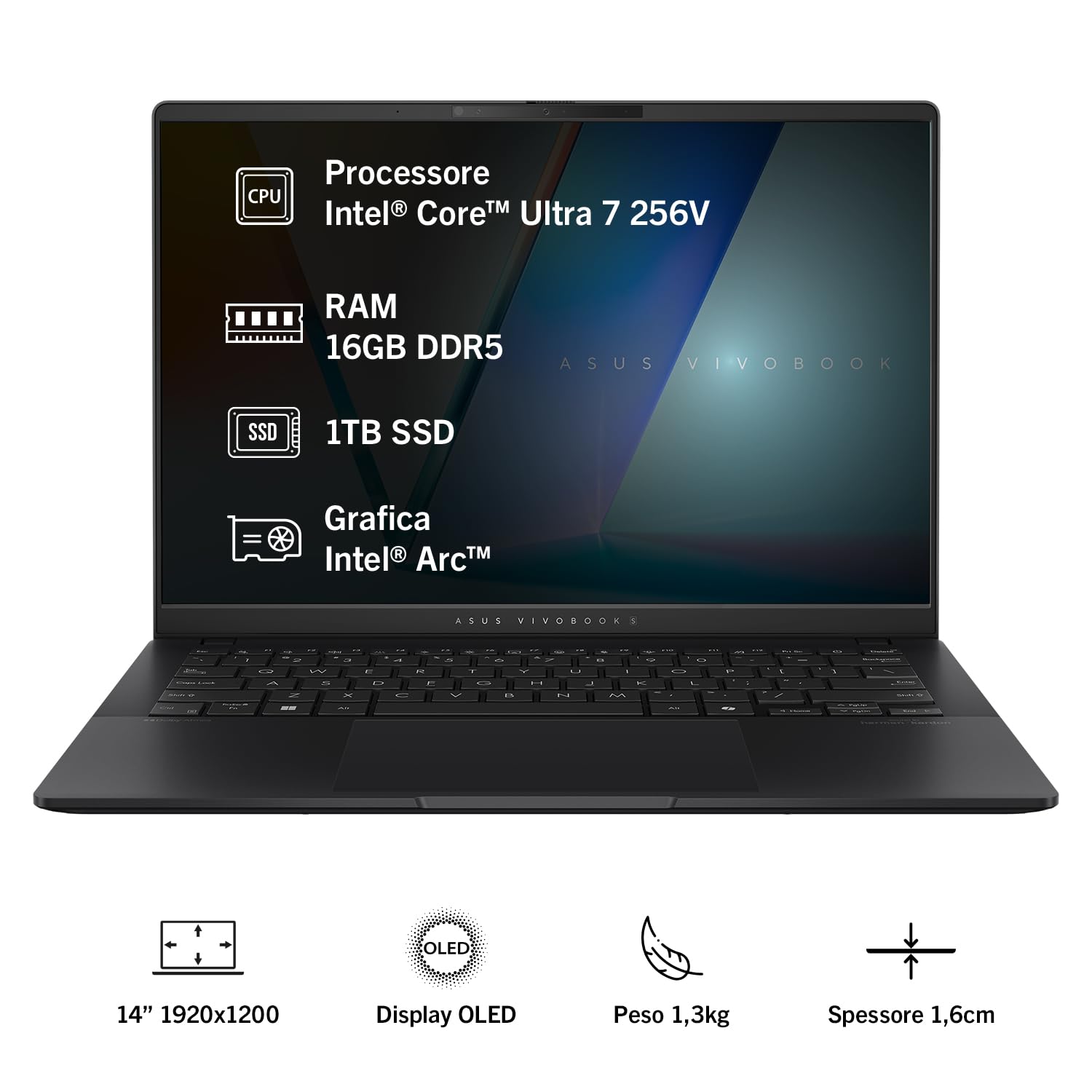 ASUS Vivobook S 14 OLED S5406SA#B0DC11J749, Notebook da 14" Glossy, Copilot+ PC, 60Hz, Intel® Core™ Ultra 7 256V, RAM 16GB, 1TB SSD, Intel® Arc™ Graphics, Windows 11 Home, Nero