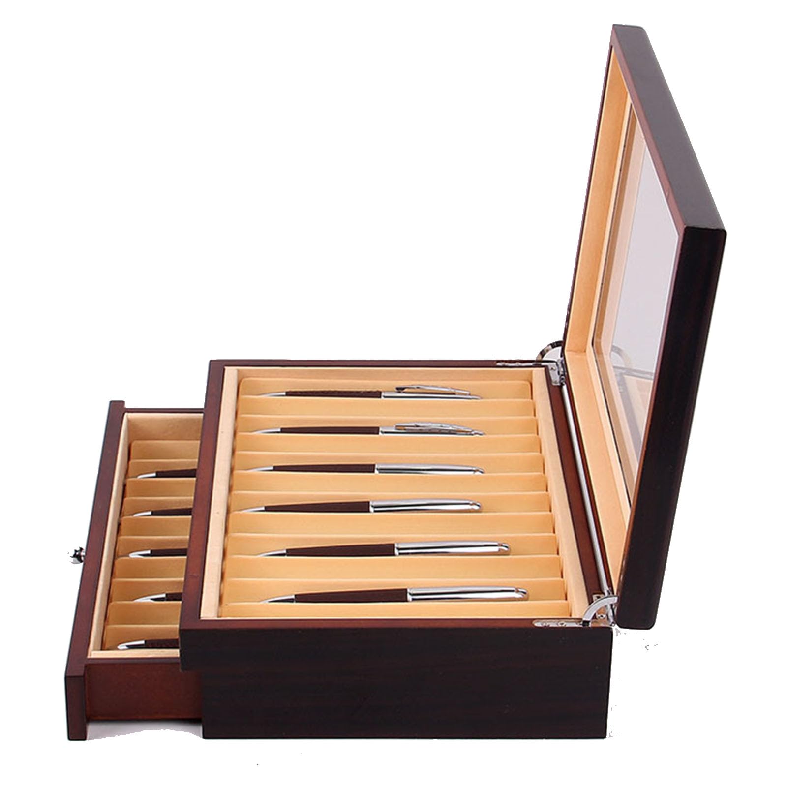 Scatola porta penne in legno con cassetto e finestra in vetro, grande organizer per collezione di penne, ottimo regalo per uomini, padri, fidanzati e mariti
