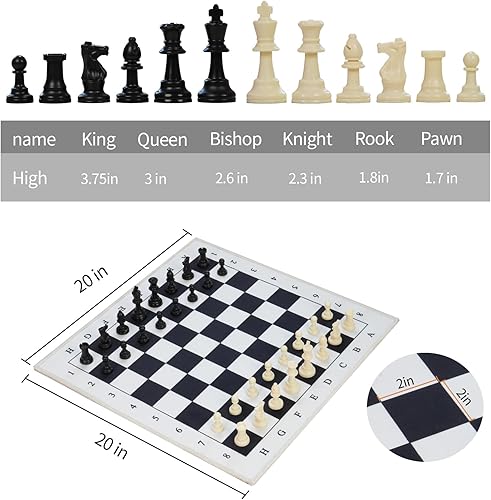 Miniatura 3 de Juego de alfombrillas de ajedrez plegables de 20 pulgadas, tablero de ajedrez de tela suave en blanco y negro con piezas estilo Staunton de 3.75