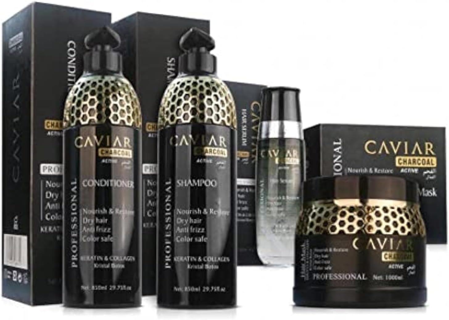 Caviar Charcoal Kit Keratin and Active Collagen - 1x4 (Shampoo 850ml, Conditioner 850ml, Hair Mask 1000ml And Hair Serum 100ml)