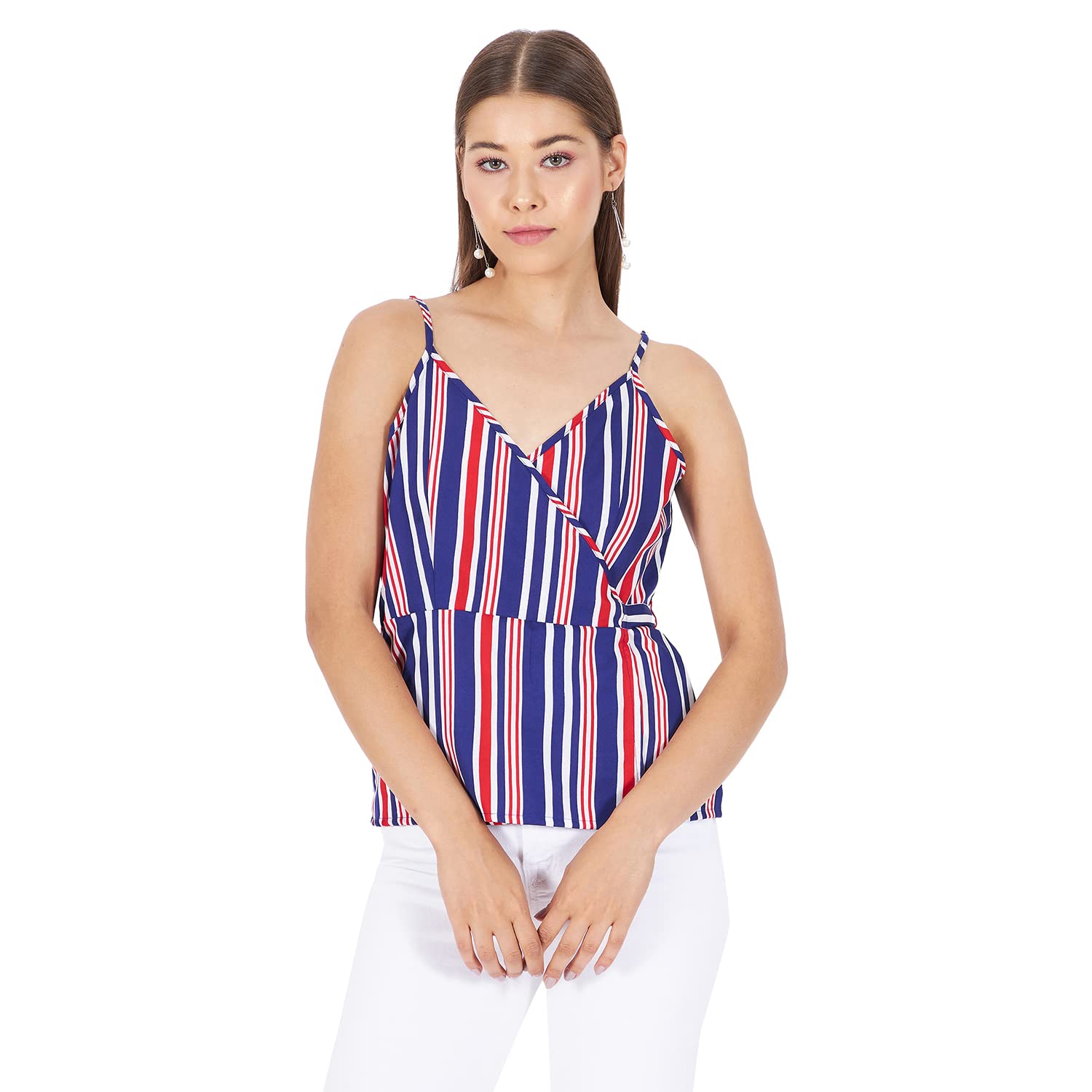 kibo Casual Women's Stripes Polyester V Neck Top Multi-picture-14