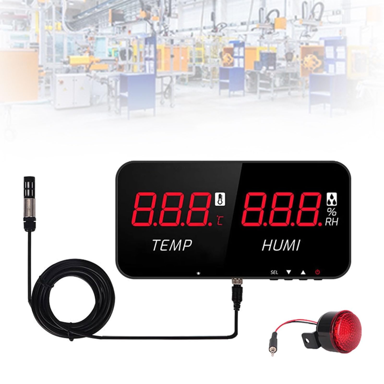 Industrielles Thermohygrometer, LCD-Digitalthermometer mit 5-m-Sensor, Bereich -20–80 °C, Alarmfunktion, für Fabrik, Labor, Zuhause, Büro