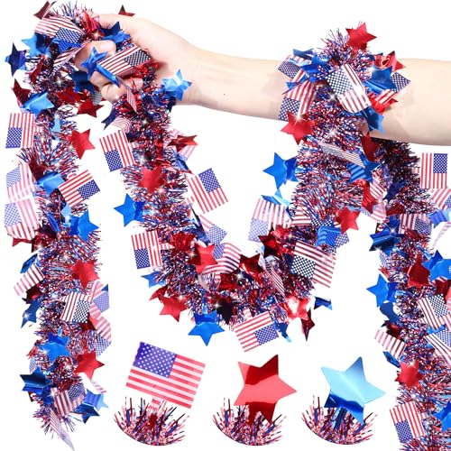 Image of 50FT 4th of July Decorations Red White Blue Star American Flag Tinsel Garland, Glitter Patriotic Garland for Memorial Day Decor Fourth of July Independence Day Outdoor Indoor Home Party Supplies