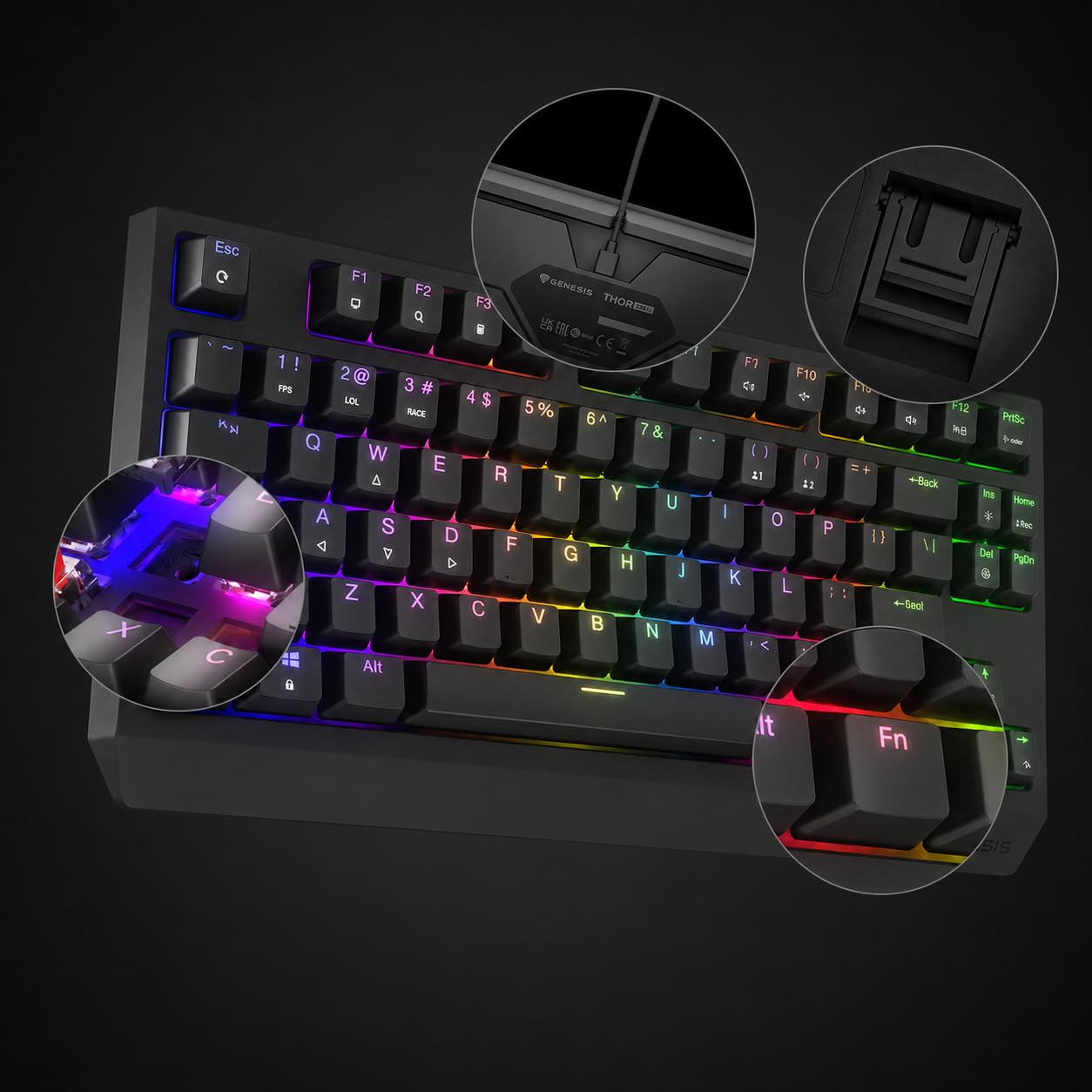 Genesis Thor 230 TKL Klawiatura Mechaniczna Hot-Swap RGB, z niemieckim układem QWERTZ, N-Key Rollover, Double Injection Keycaps, USB, Kompaktowa Gamingowa Klawiatura TKL do PC, Czarna,