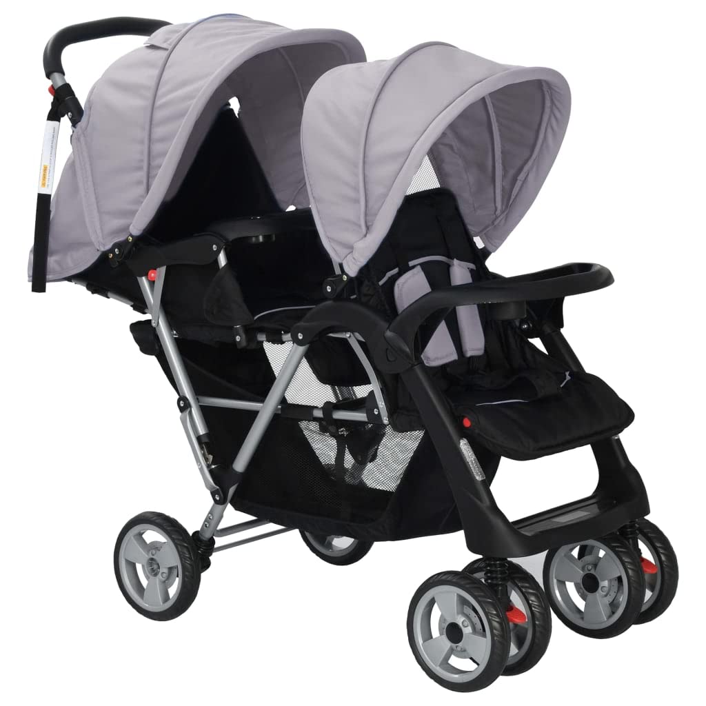 Poussette Double, Poussette pour Jumeaux Pliable Poussette à deux places acier gris et noir