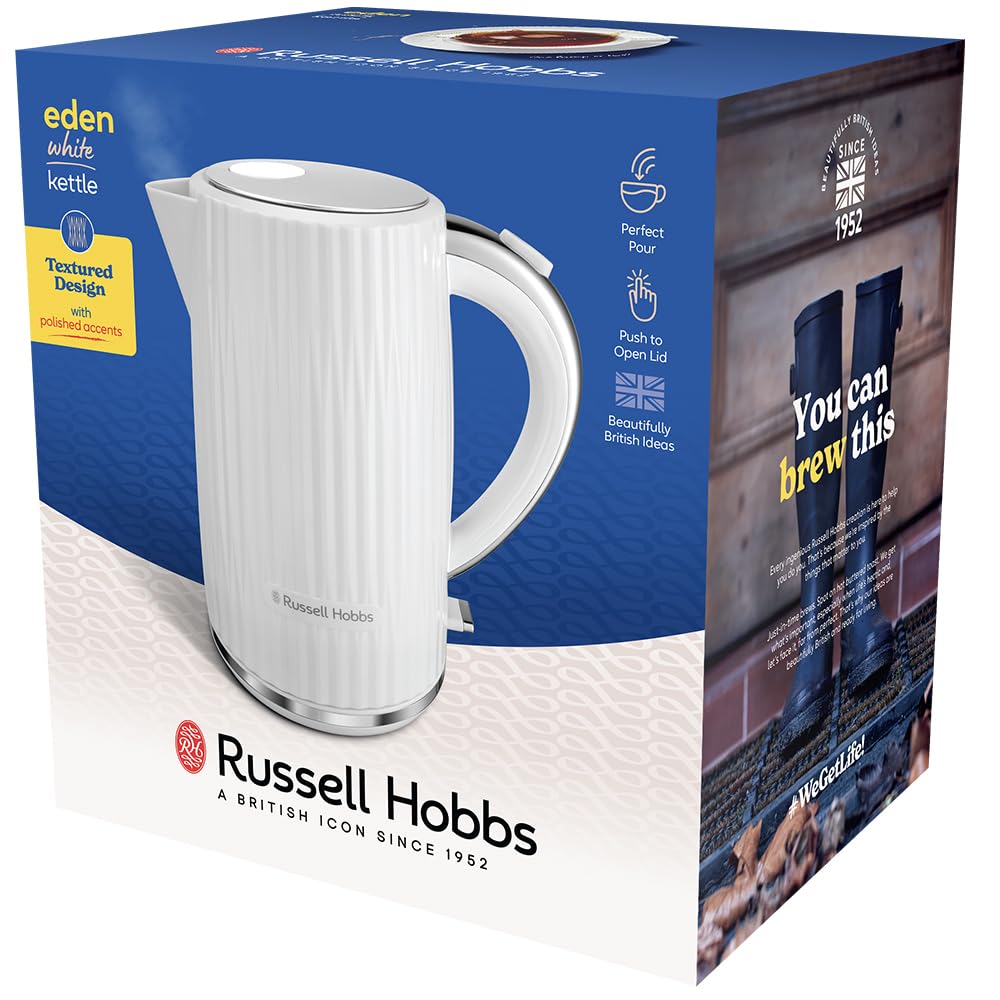 Russell Hobbs Hervidor de Agua Eléctrico, para agua caliente, té o café, 1,7 l, tapa apertura por presión, filtro extraíble y lavable, detalles cromados, blanco, 2400 W, Eden 27360-70