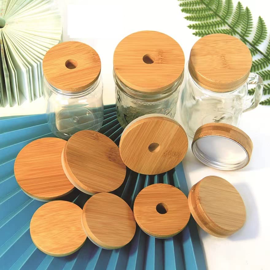 4 Coperchi In Bambù Per Barattoli Con Foro Per Cannuccia - TOUSHI - 70 Mm, A Prova Di Perdite Con Guarnizione In Silicone - 4