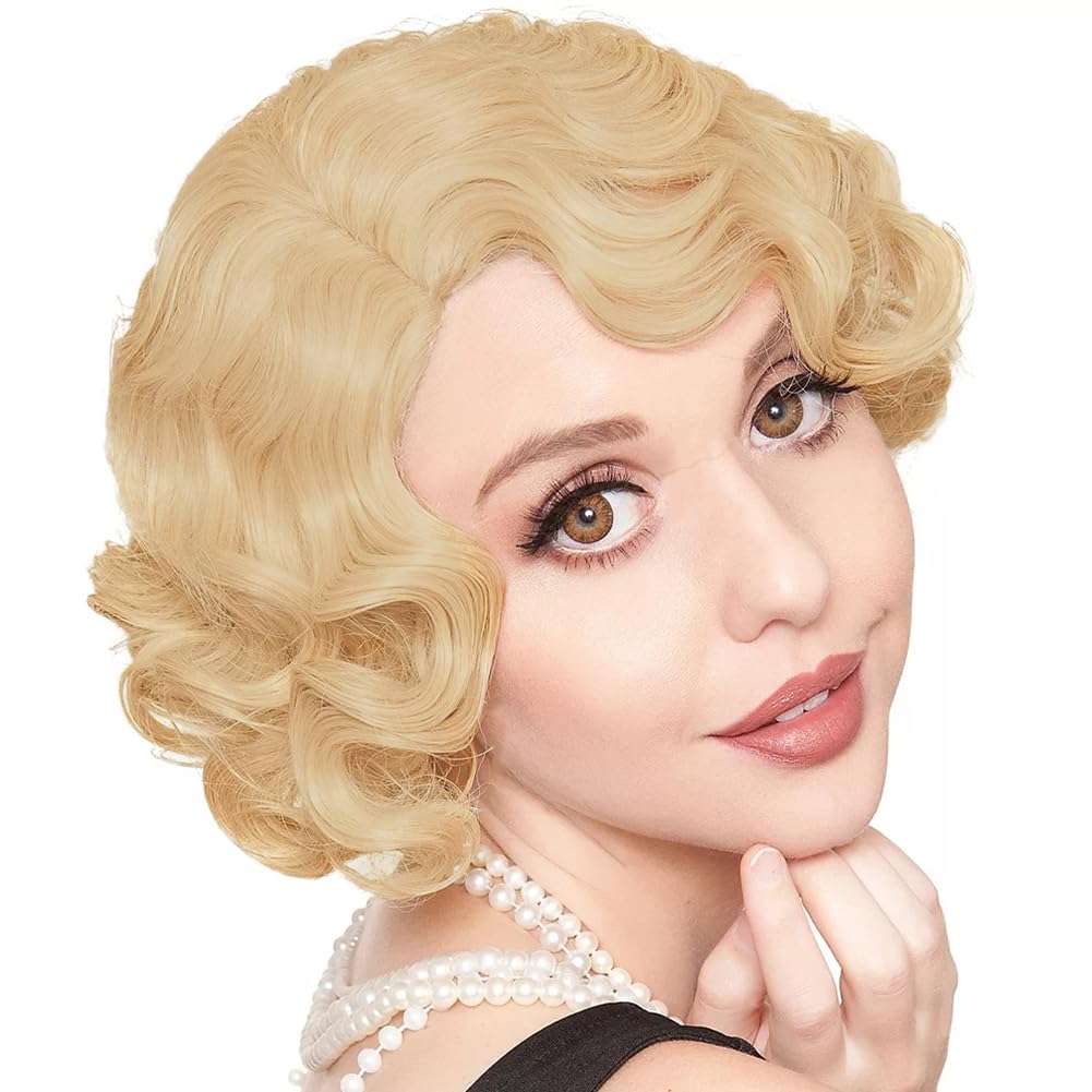 Women Blonde Curly Wig Short 20s 30s Finger Wave Retro Wave Synthetic Fancy Wigs for Halloween Cosplay Wig Short Blonde