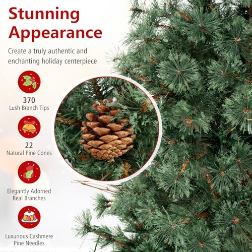 Image of Goplus 6 FT Pre-Lit Artificial Christmas Tree, Cashmere Xmas Tree with 370 Pine Needles, 200 Warm White LED Lights with Bulb Cover, Natural Pine Cones, Foldable Metal Stand, Home Office Decoration