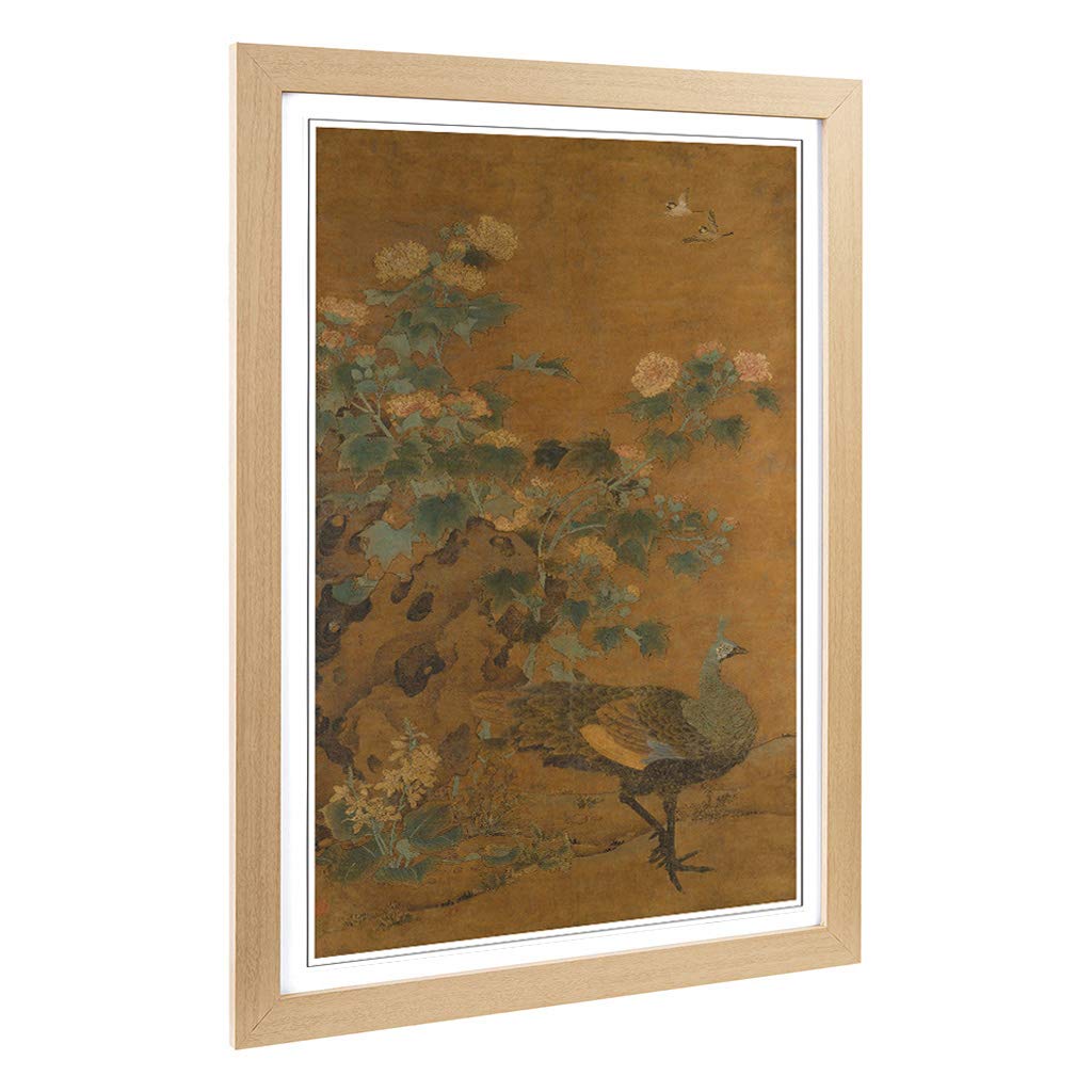 Big Box Art Framed Print of Yao Tingmei Oriental Peacock and Hollycock Design | Wall Art Picture | Home Decor for Kitchen, Living Room, Bedroom, Hallway, Oak, A2 / 24.5x18 Inch / 62x45cm