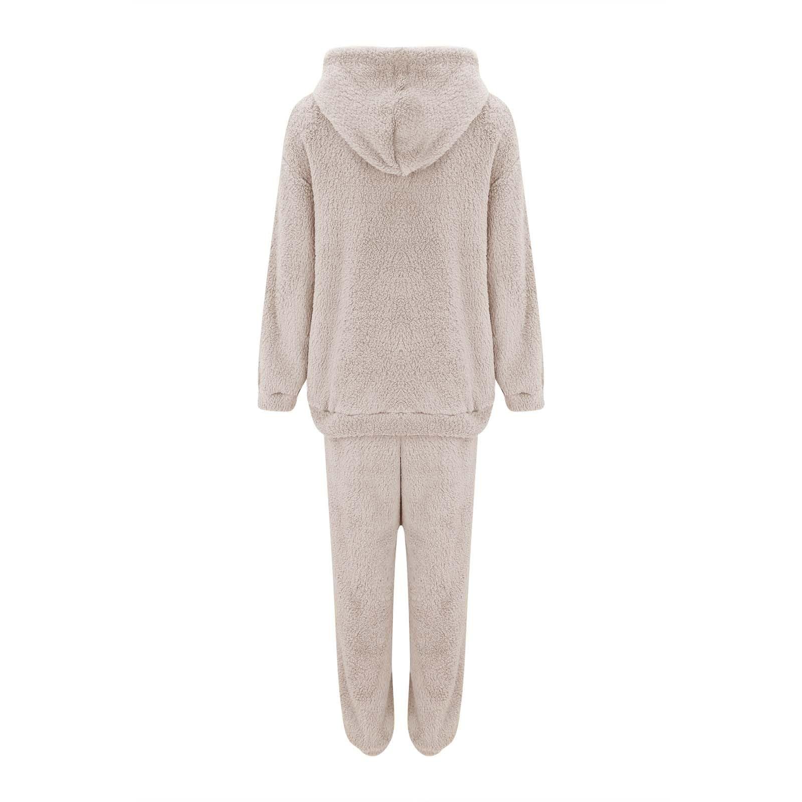 Generisch Pijama para mujer de invierno, suave, juego de dos piezas, mullido, cómodo, pantalón de pijama y suéter con capucha, monocolor, informal, cálido, ropa de casa, ropa de salón