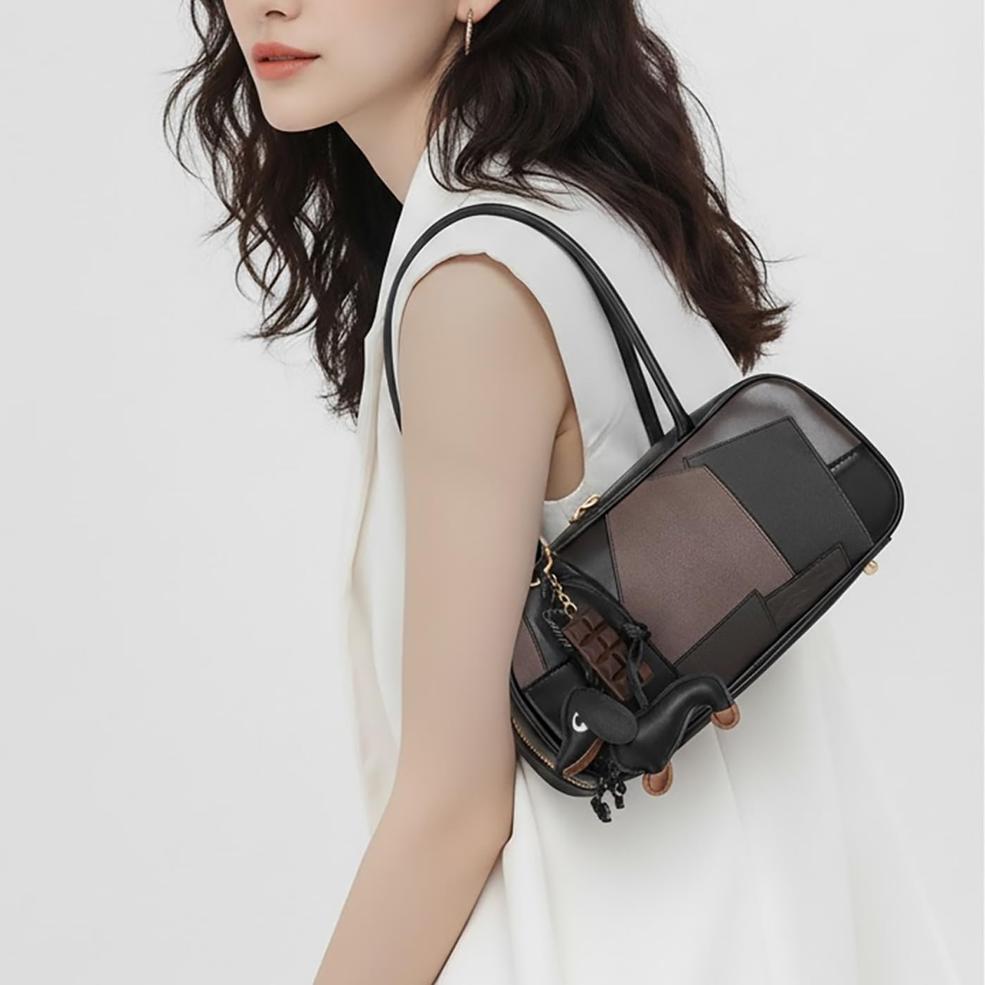 Woodland Leathers Borsa a mano da donna, borsa a tracolla in ecopelle patchwork per donne, elegante mix di pelle scamosciata e morbida toppa lavorata su borsa baguette firmata