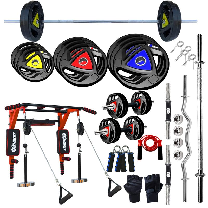 40kg rubber coated weight plates kit with 7 in 1 multifunctional pull up bar & dip station, 5ft barbell rod, 3ft curl bar, dumbbell rod pair & accessories