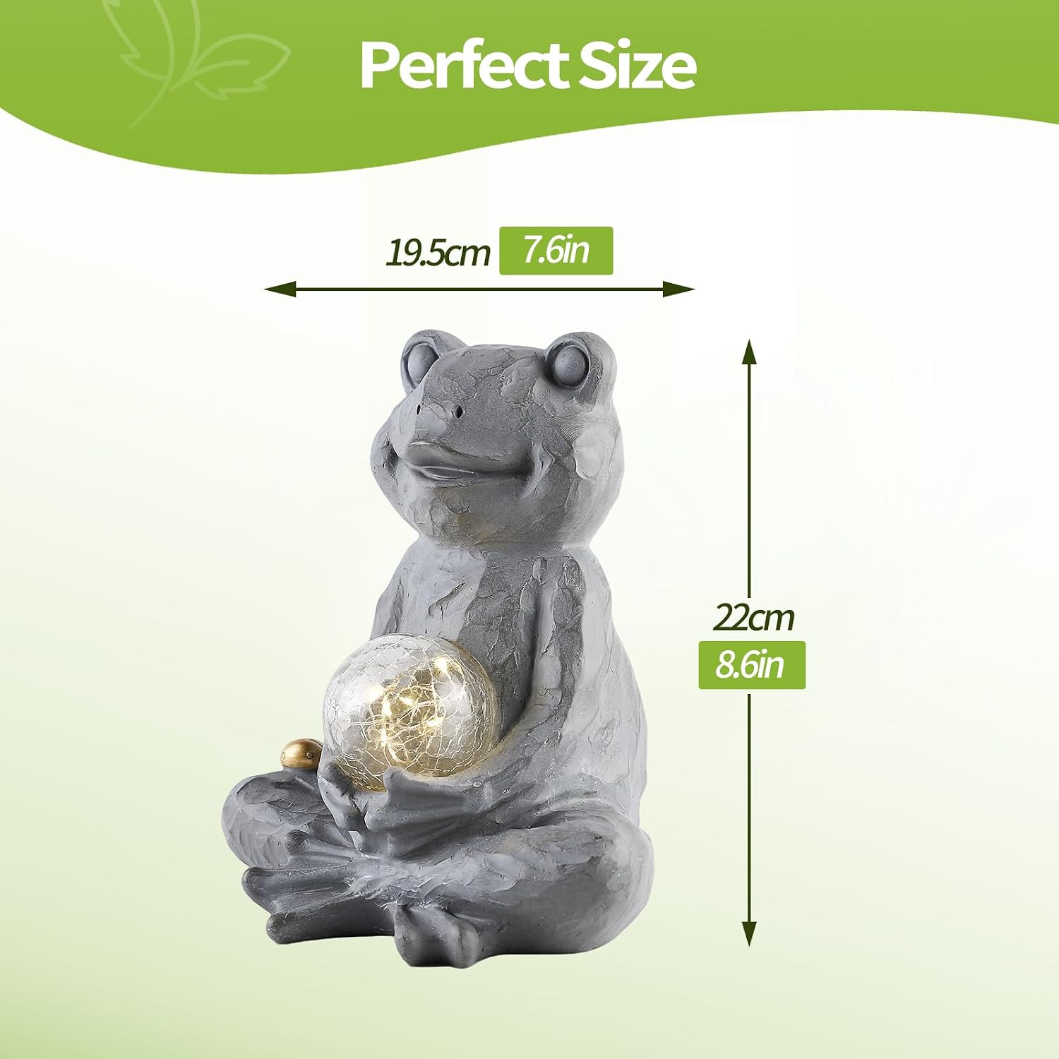 Zen Solar Frog Garden Statue with Crackle Glass Light, Meditation Outdoor Decor, Waterproof Solar Garden Accent, 8.7"