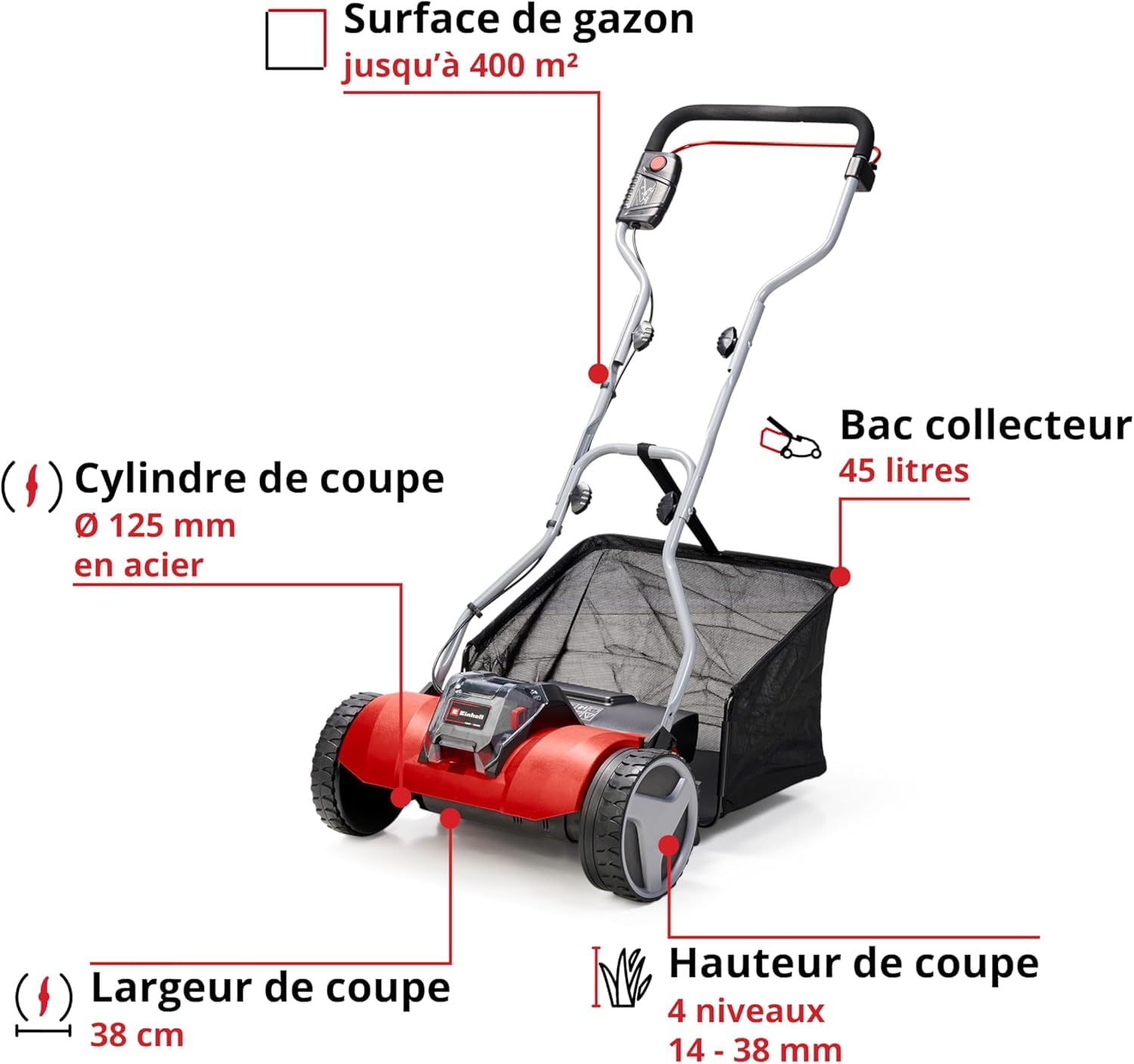 Einhell Tondeuse à Gazon Manuelle sans Fil GE-HM 18/38 Li - Solo Power X-Change (18V, axe de Coupe sur roulement à Billes avec 5 Lames) Livré sans Batterie ni Chargeur