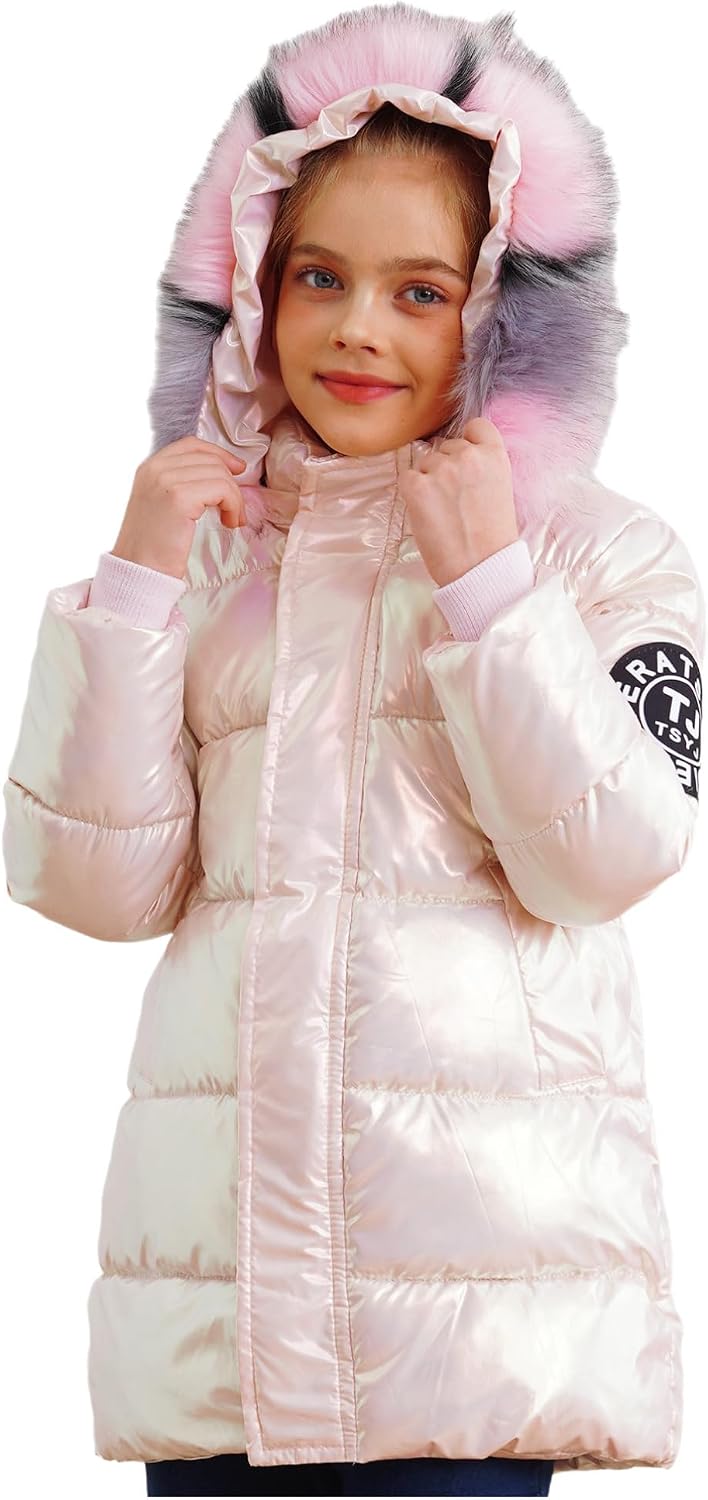 TiaoBug Kids Girls Shiny Metallic Hooded Down Jacket Winter Coat Parka Waterproof Windproof Puffer Jacket Snow Outwear