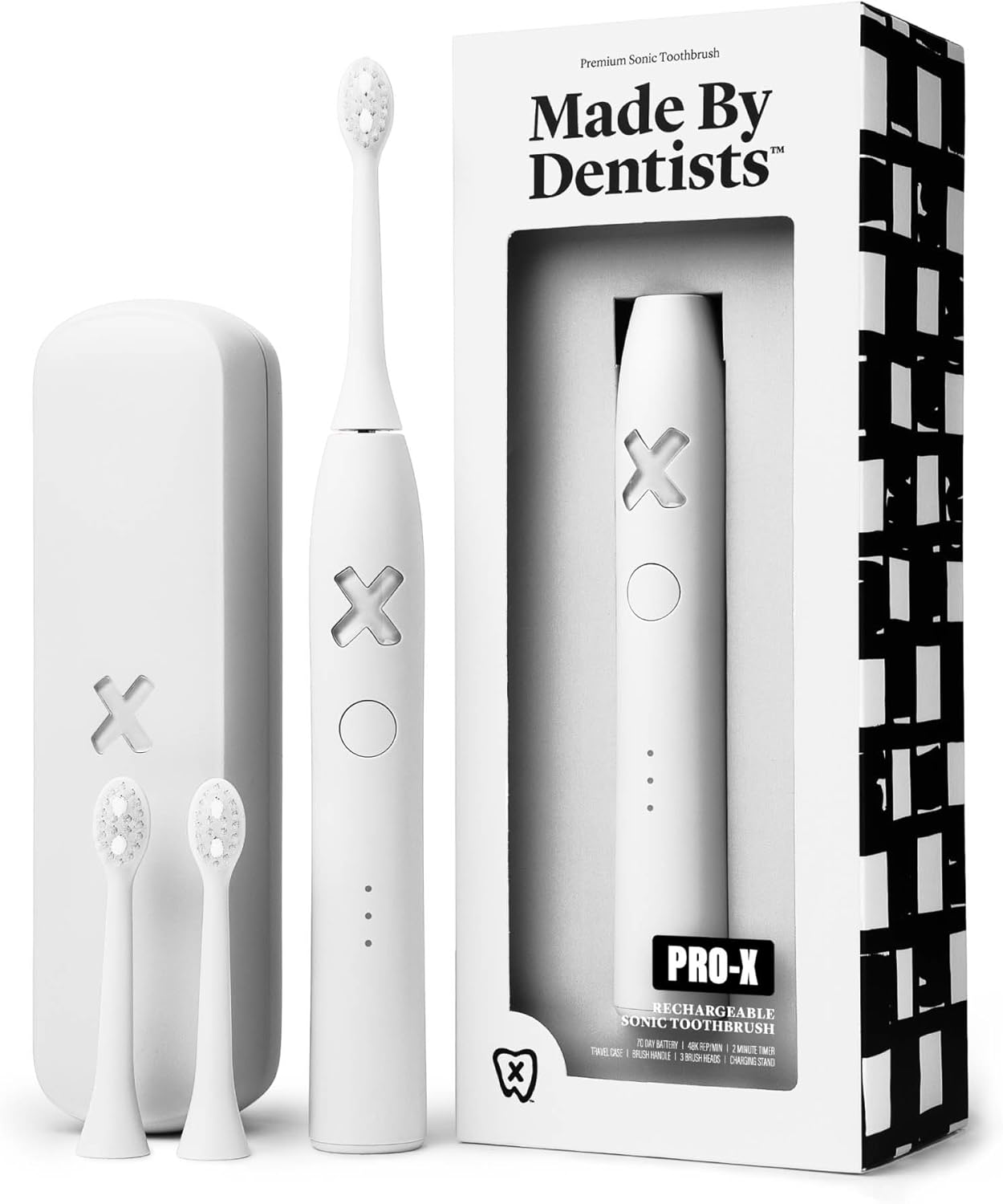Made by Dentists PRO‑X Sonic Electric Toothbrush for Adults – Dentist‑Designed Whitening Rechargeable Toothbrush, 9 x More Plaque Removal, 70 Day Battery, 3 Modes, Travel Case & Extra Heads, White
