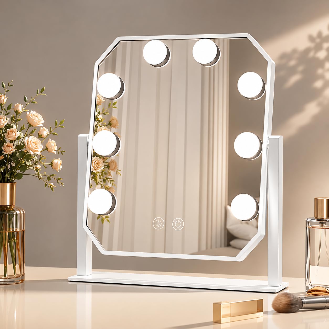 Schminkspiegel mit Beleuchtung Hollywood Spiegel - Vanity Mirror mit 8 LED Klein Kosmetikspiegel mit Licht 360° Drehung Tischspiegel 3 Modi Schminktischspiegel Touch Dimmbar