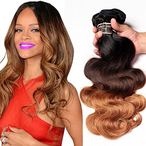 Hairitory Hair 7A Grade Brazilian 3 Toen Omebre Hair 3 Bundles Body Wave Hair Extensions Virgin Human Hair Wave Black to Blonde 300g (12 14 16, 1b/4/30)